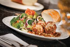 Cafe Martorano signature dishes Famous Meatball & SaladLinguine with Fresh ClamsEggplant Stack